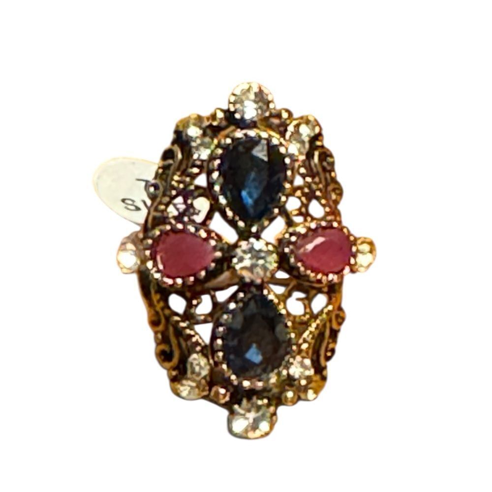 Fashion jewelry Gold tone, blue and red stone Statement Ring size7